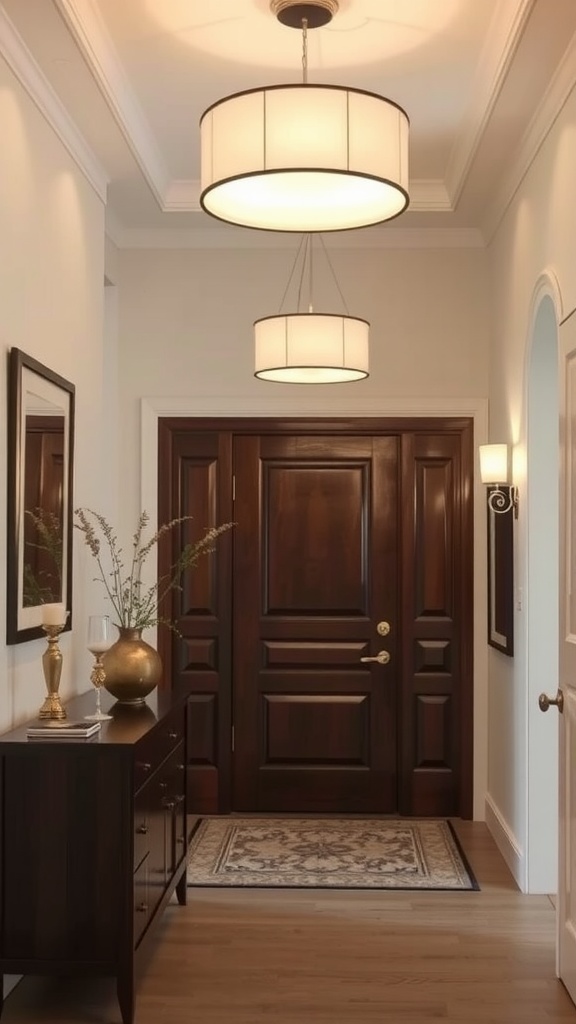 A luxurious entryway featuring two drum pendant lights hanging from the ceiling, illuminating the space with a warm glow.