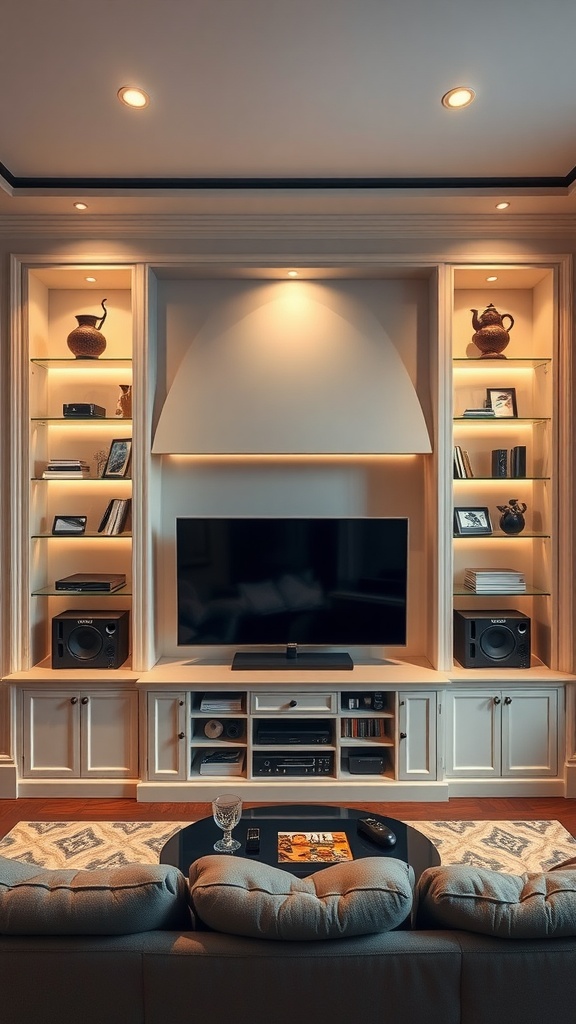 A luxury media center featuring built-in shelves, a television, and cozy seating.