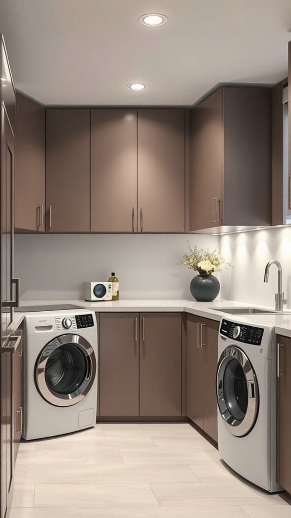 Modern luxury utility room with high-tech appliances and brown cabinetry