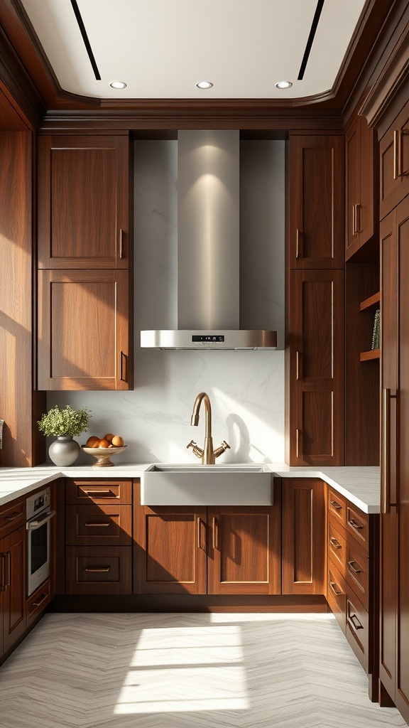 A kitchen featuring luxury walnut cabinets, a farmhouse sink, and modern appliances