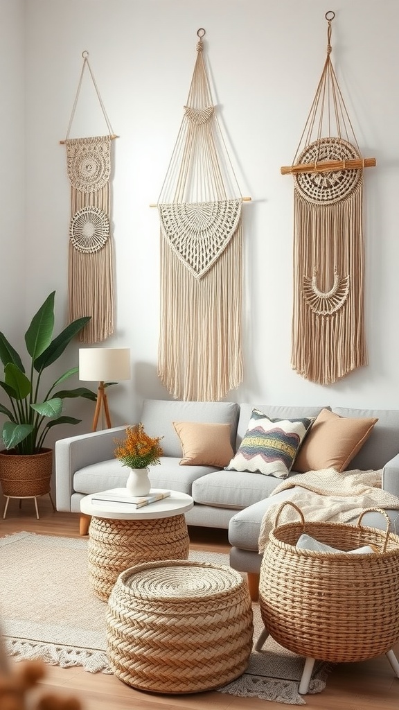 A boho living room featuring macramé wall hangings, a gray sofa, woven stools, and plants.