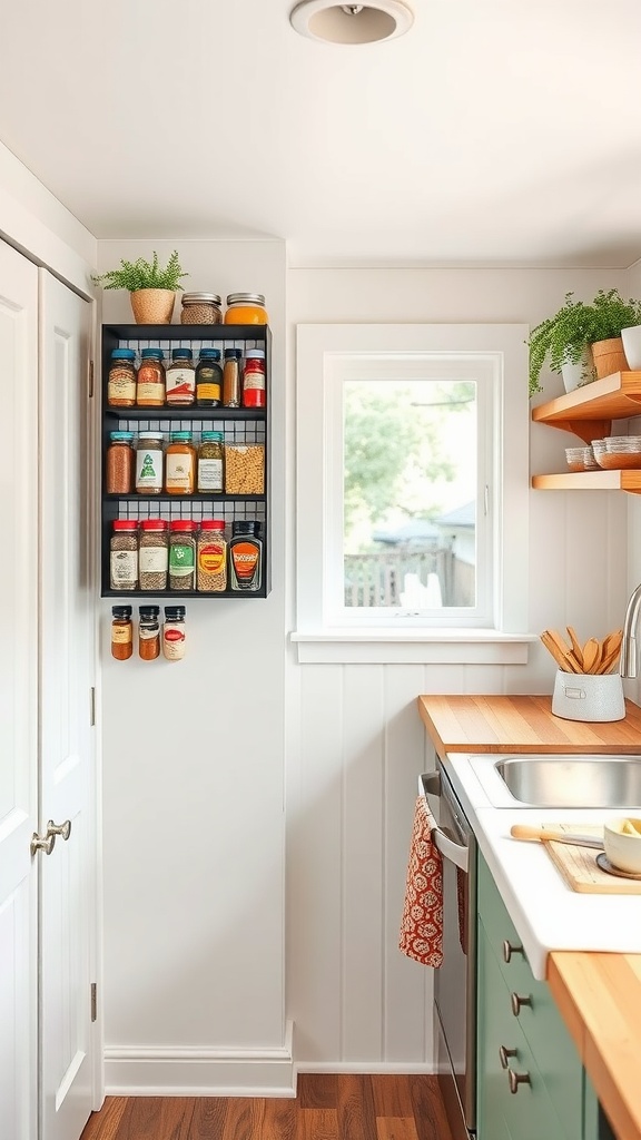 A modern kitchen corner featuring a magnetic spice rack filled with spice jars and small plants