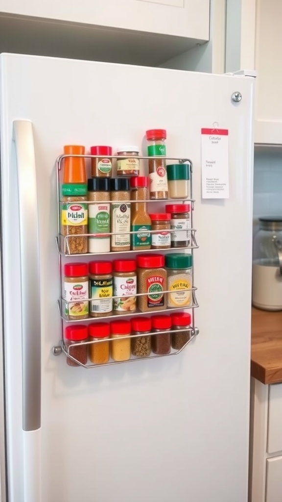A magnetic spice rack attached to a refrigerator, showcasing various spice jars.