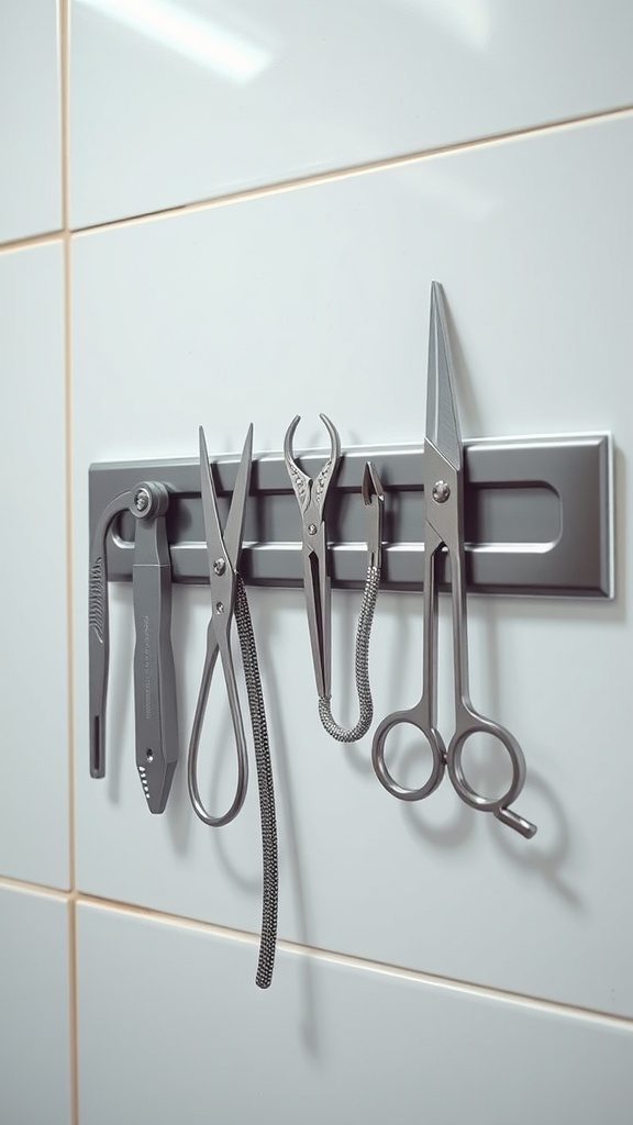 A magnetic strip mounted on a bathroom wall holding various small tools.