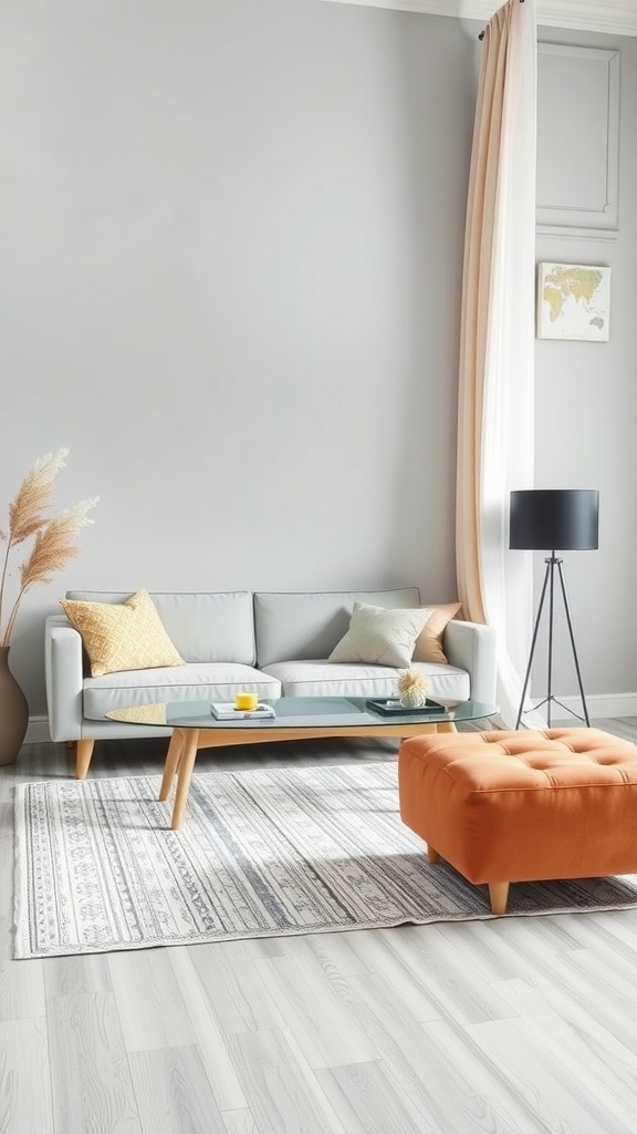 A minimalist living room featuring a gray sofa, orange ottoman, and glass coffee table with a rug.