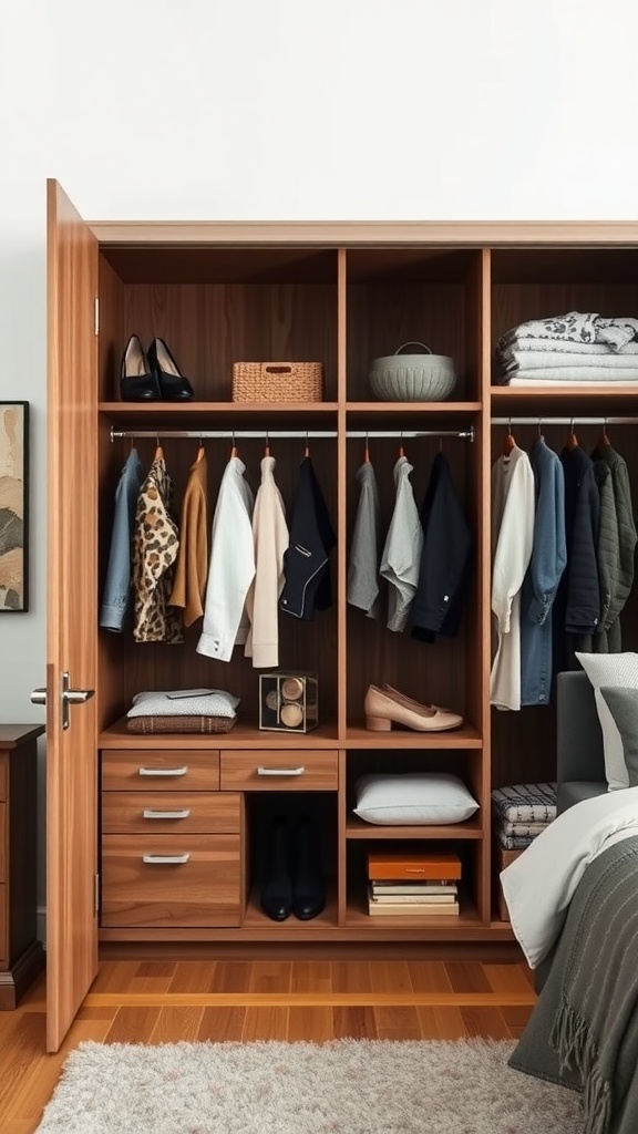 A well-organized wooden bedroom closet with hanging clothes, shoes, and shelves.