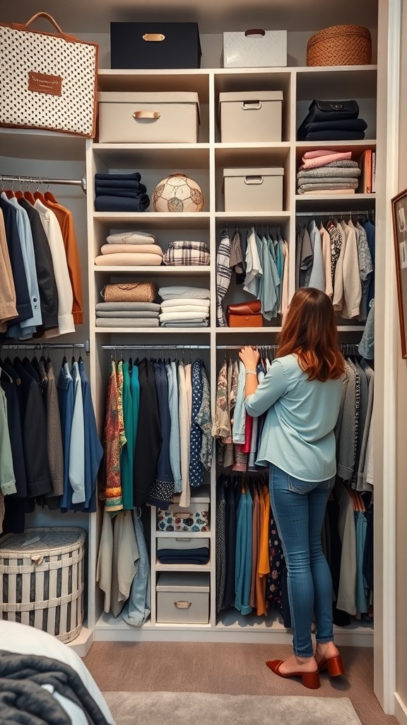 A woman organizing her closet with high shelves filled with neatly arranged clothes and storage boxes.