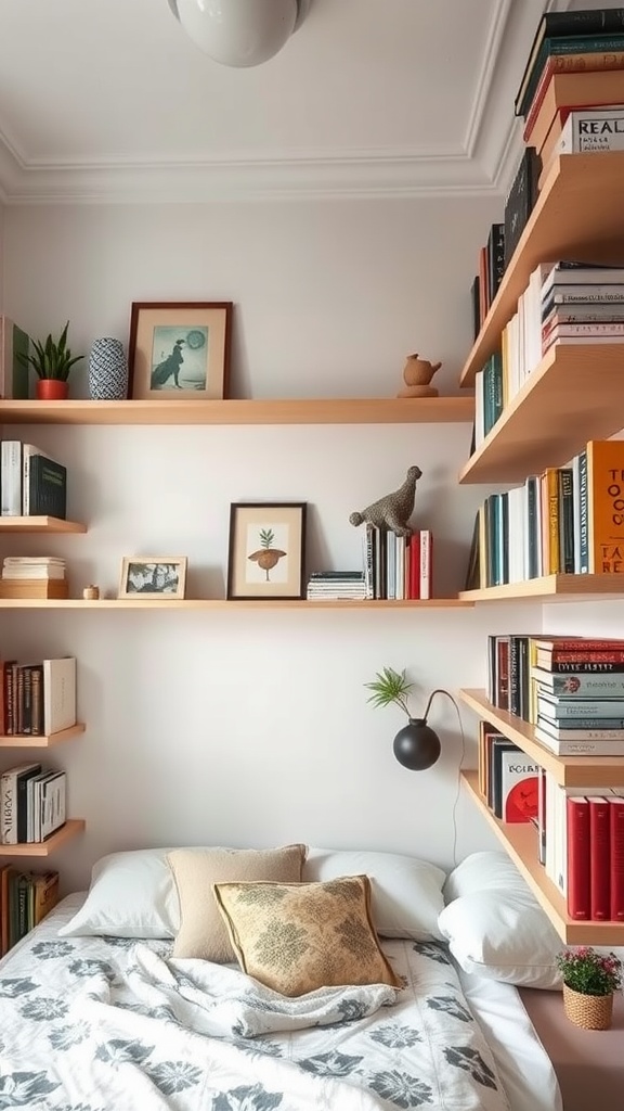 Cozy small bedroom with wooden shelves above the bed, filled with books and decorative items.