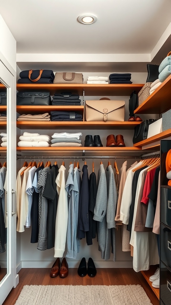 A well-organized bedroom closet with shelves filled with folded clothes and bags, and hanging clothes.