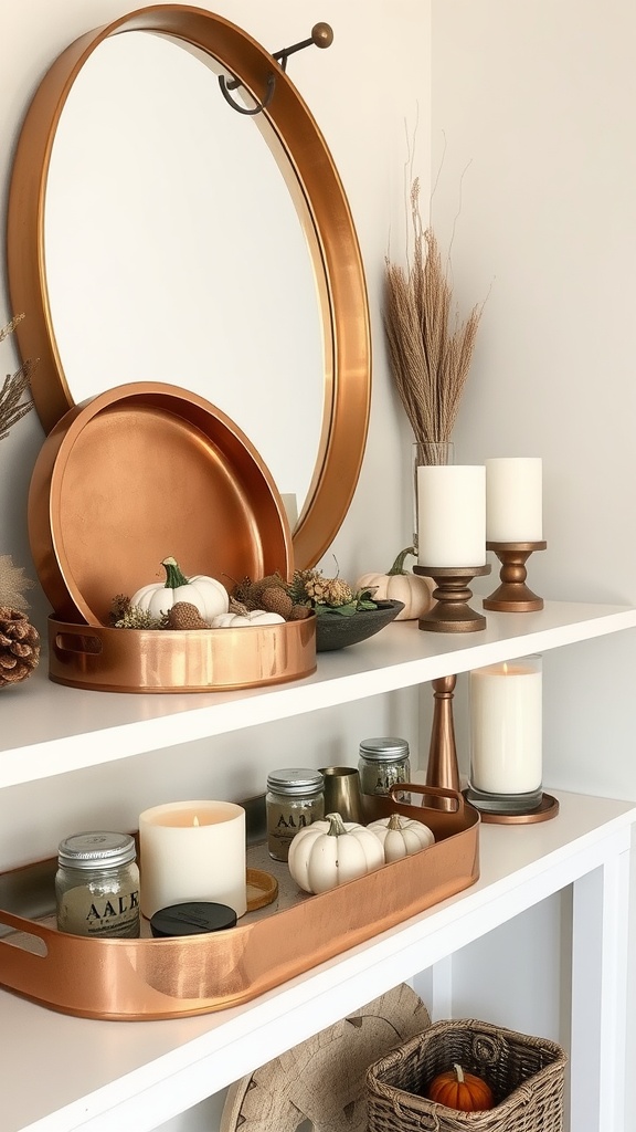 An arrangement of copper decorative items on a shelf, including a round mirror, trays with pumpkins, and candles.
