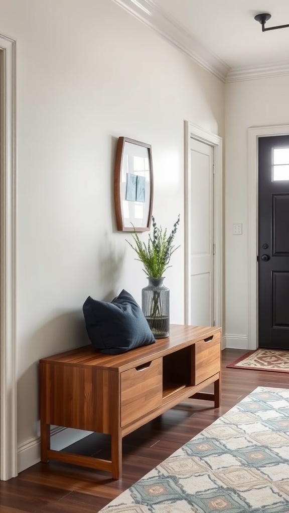 Mid-century modern bench with storage in an entryway
