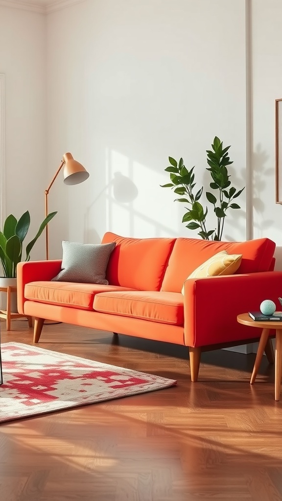 A vibrant orange mid-century modern couch with wooden legs, surrounded by green plants and a patterned rug.