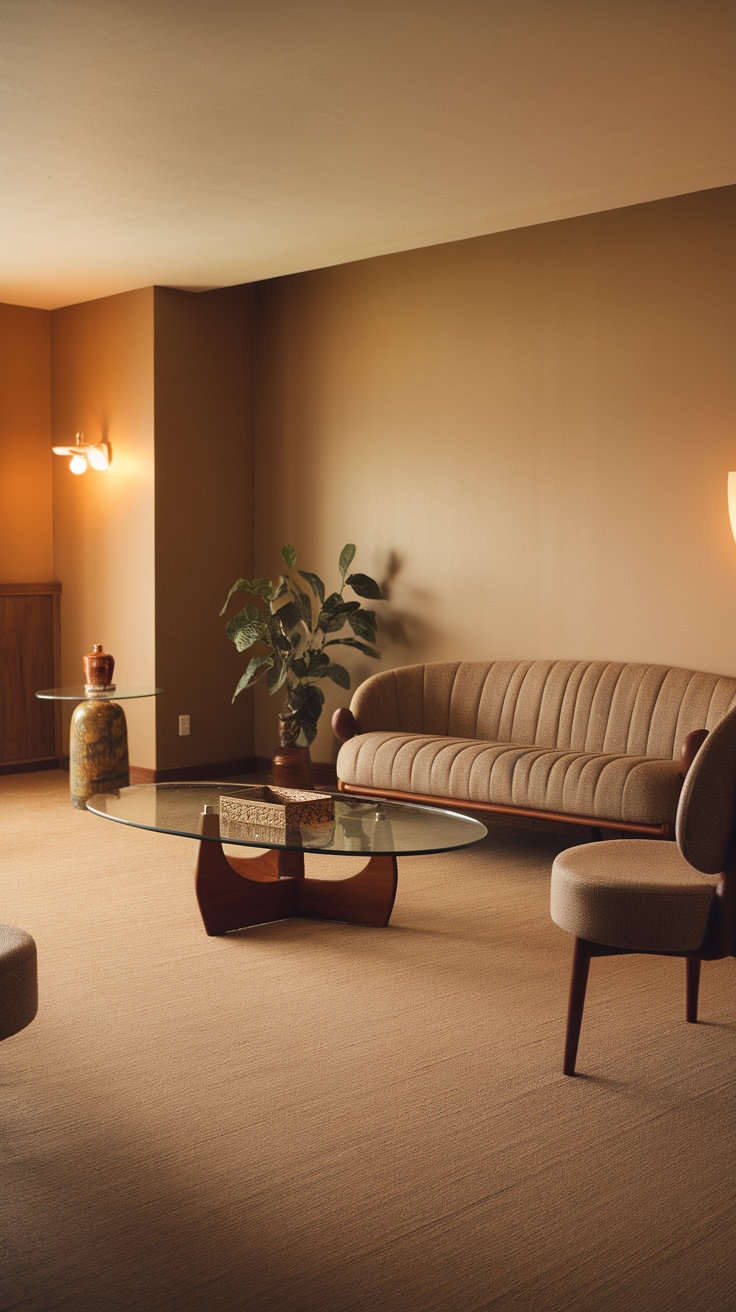 A cozy mid-century modern living room featuring orange sofas, wooden furniture, and artistic decor.