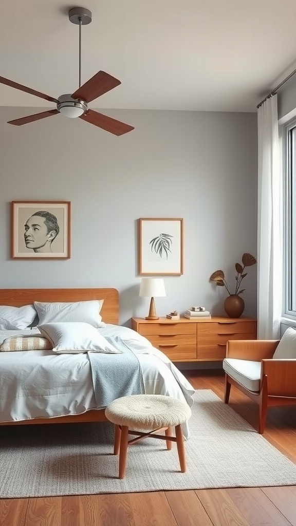 Mid-century modern bedroom with wooden furniture and soft colors.