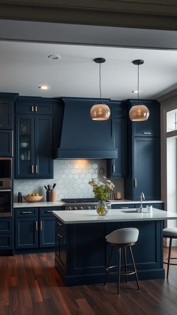 A modern kitchen featuring midnight blue cabinets, a white countertop, and stylish light fixtures.