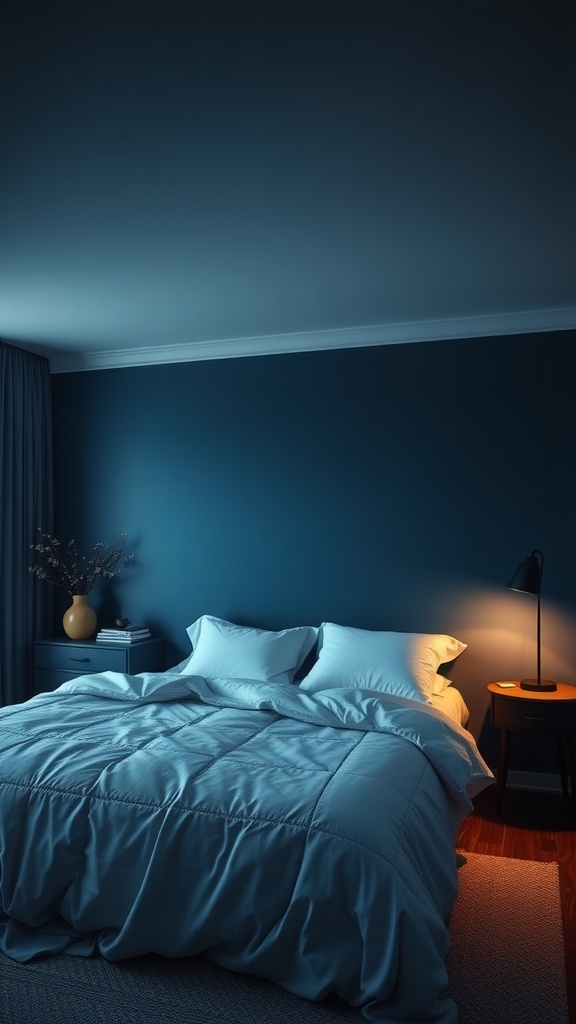 A cozy bedroom with midnight blue walls, a comfy bed, and warm lighting.