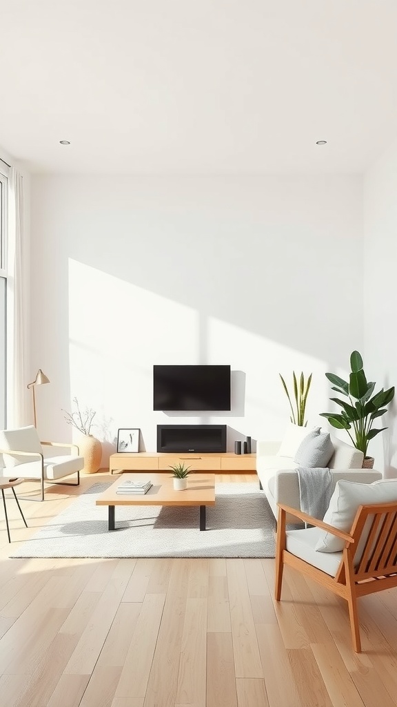 Bright and airy minimalist living room with neutral tones and wooden accents.