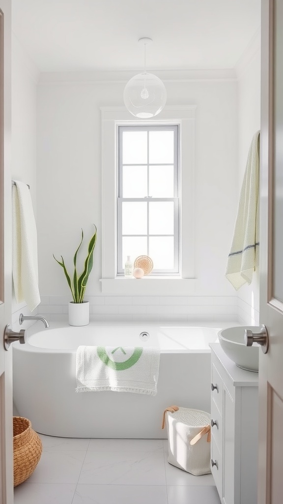 A minimalist coastal bathroom featuring a sleek bathtub, natural light from a window, a potted plant, and woven baskets.