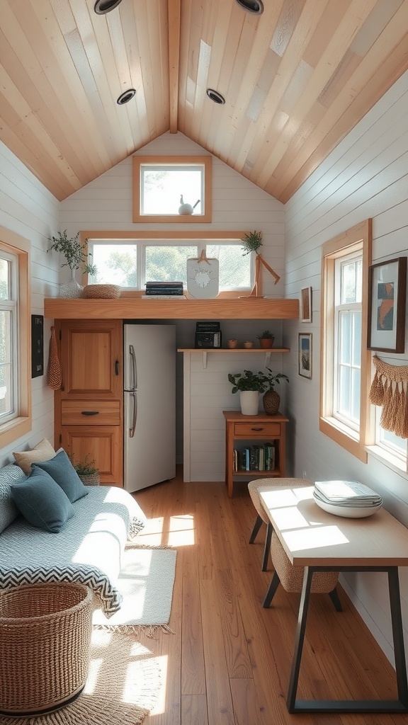 Interior of a minimalist tiny house with wooden accents, large windows, and cozy furnishings.