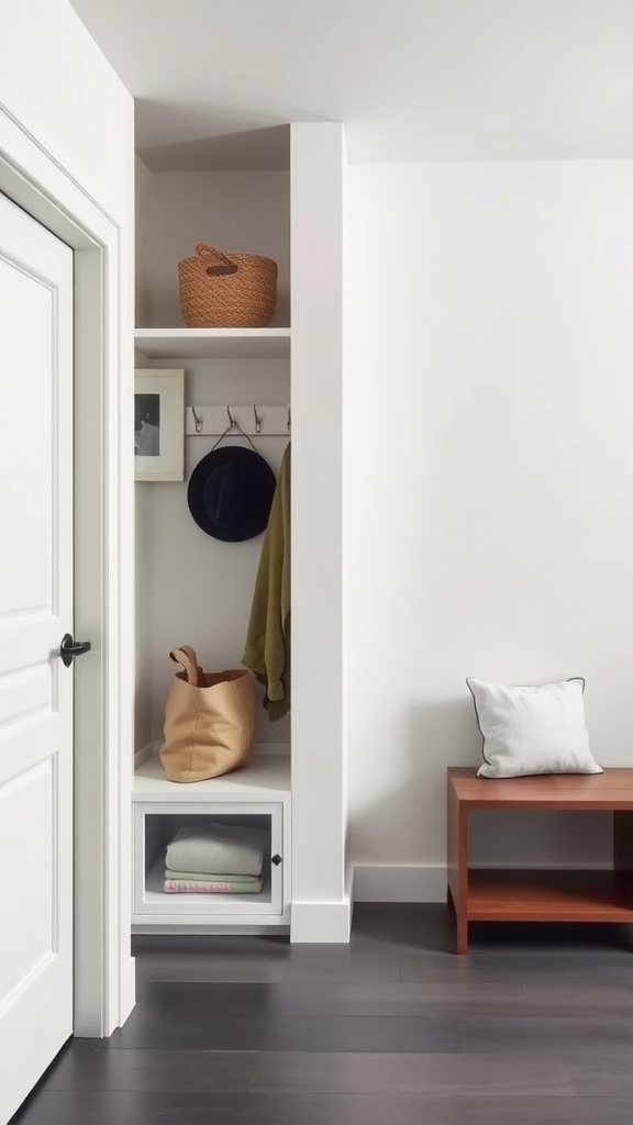 A minimalist mudroom featuring white walls, dark flooring, a small bench, and organized storage with hooks and baskets.
