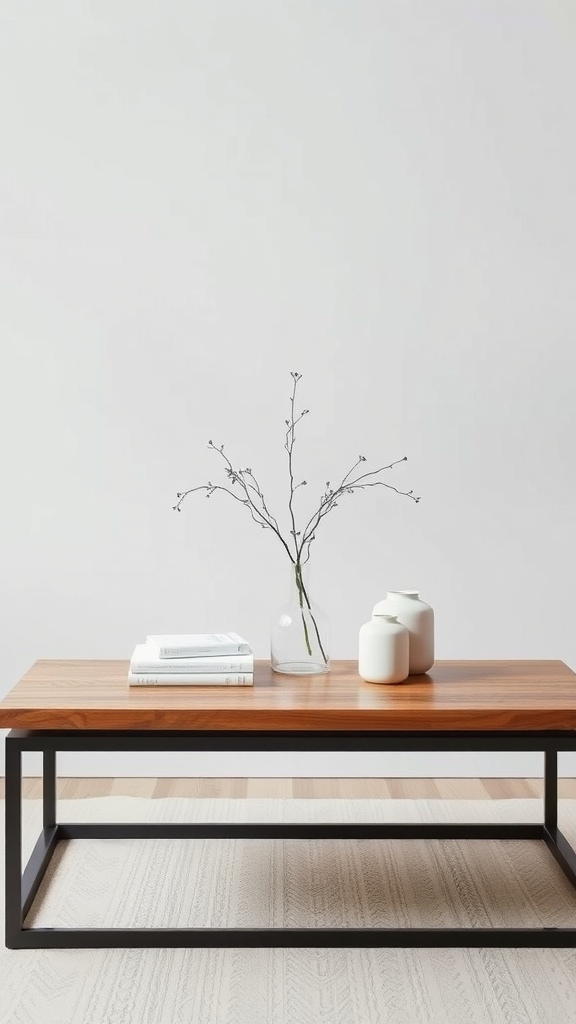 A minimalist coffee table with a wooden top, metal base, a vase with branches, and neatly stacked books.