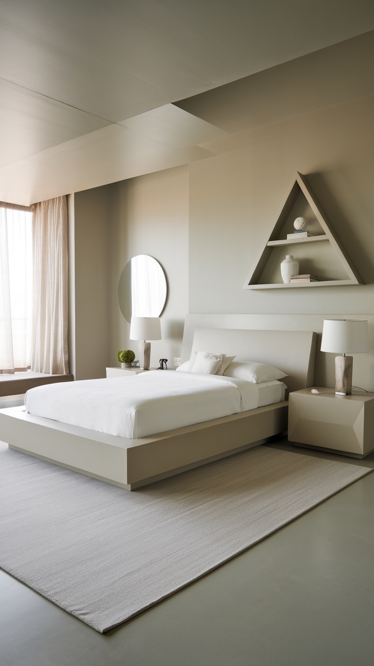 Minimalist modern bedroom featuring a light color palette and clean lines.