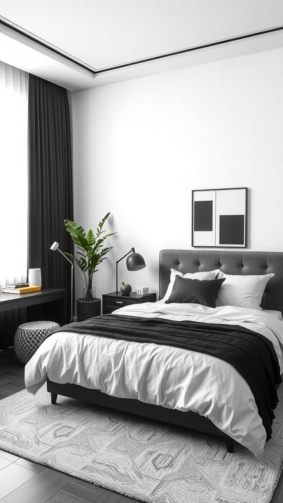 A minimalist bedroom with a monochrome color scheme, featuring a gray bed, black accents, and a potted plant.