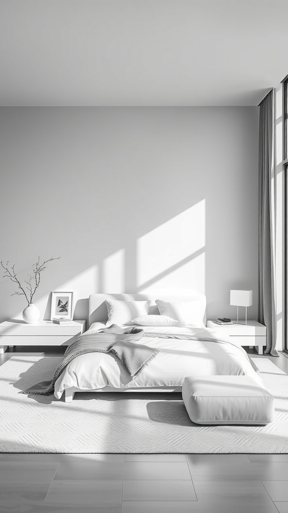 A minimalist bedroom featuring a monochrome color scheme with white and gray tones.