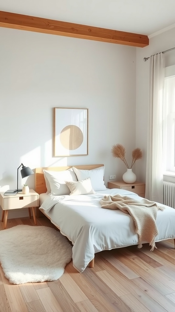 A minimalist Scandinavian bedroom featuring a bed with white bedding, wooden furniture, and natural decor.