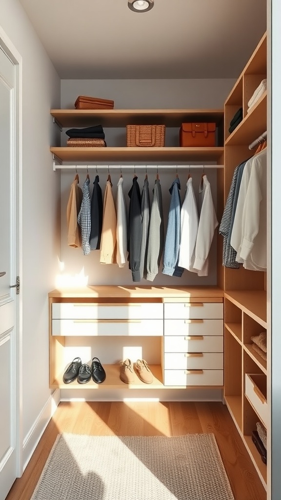 A minimalist walk-in closet featuring open shelving, hung clothes, and organized accessories.