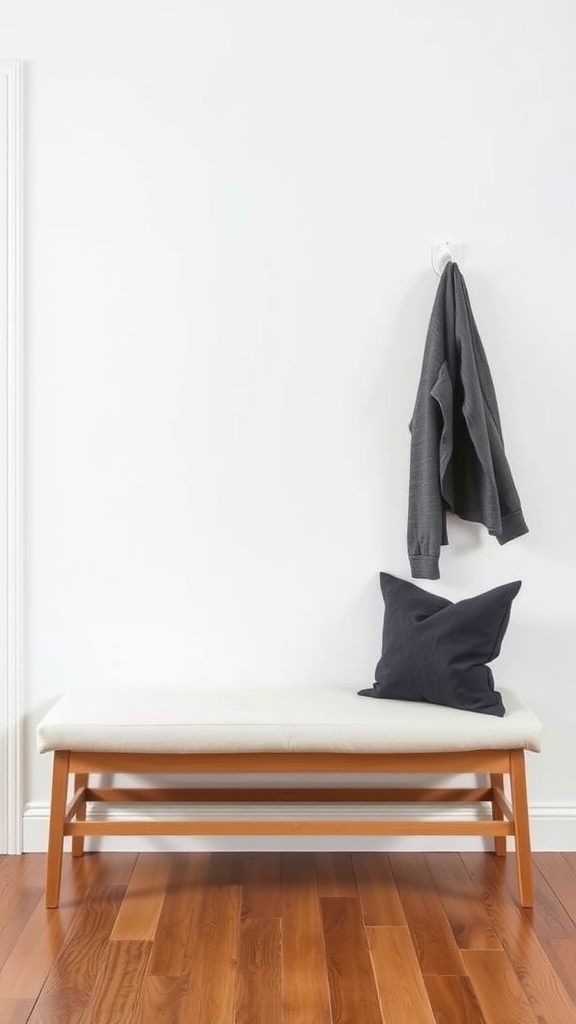 Minimalist Scandinavian bench with a light wood frame and cushioned seat, accompanied by a dark pillow and a gray jacket hanging on the wall