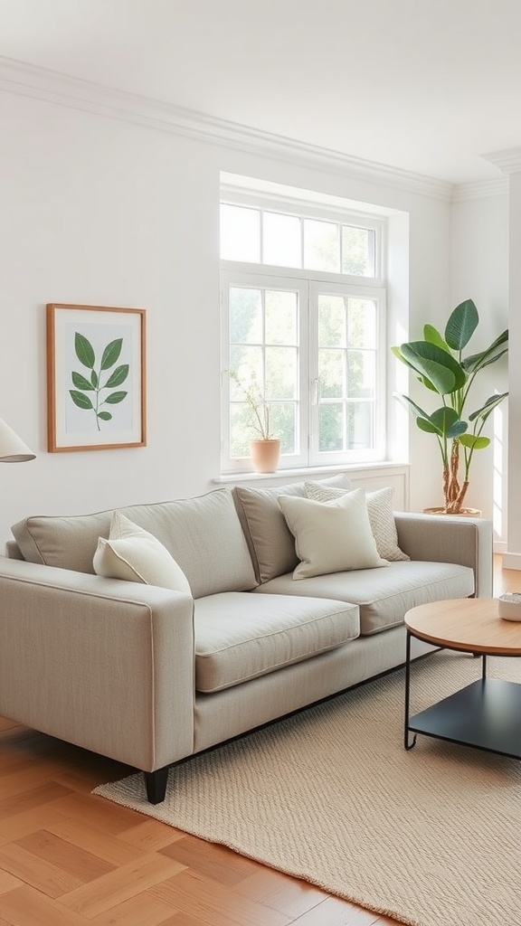 A minimalist Scandinavian living room featuring a light-colored couch, soft pillows, and a round coffee table.