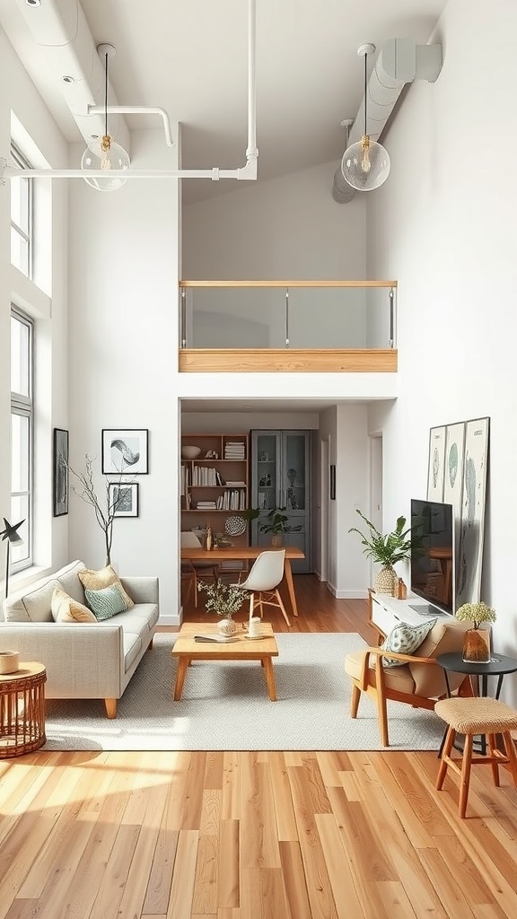 A minimalist Scandinavian-style urban loft with open space, light gray furniture, wooden flooring, and plants.