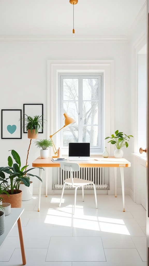 A bright and minimal Scandinavian workspace with a simple desk, plants, and artwork.