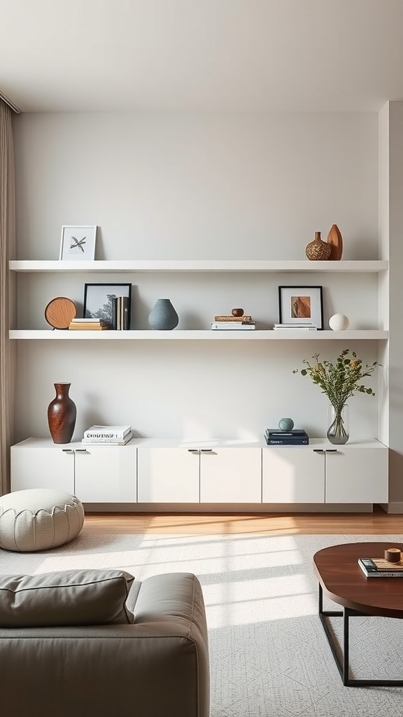 Minimalist shelving design in a living room with white shelves, a decorative vase, and a wooden coffee table.