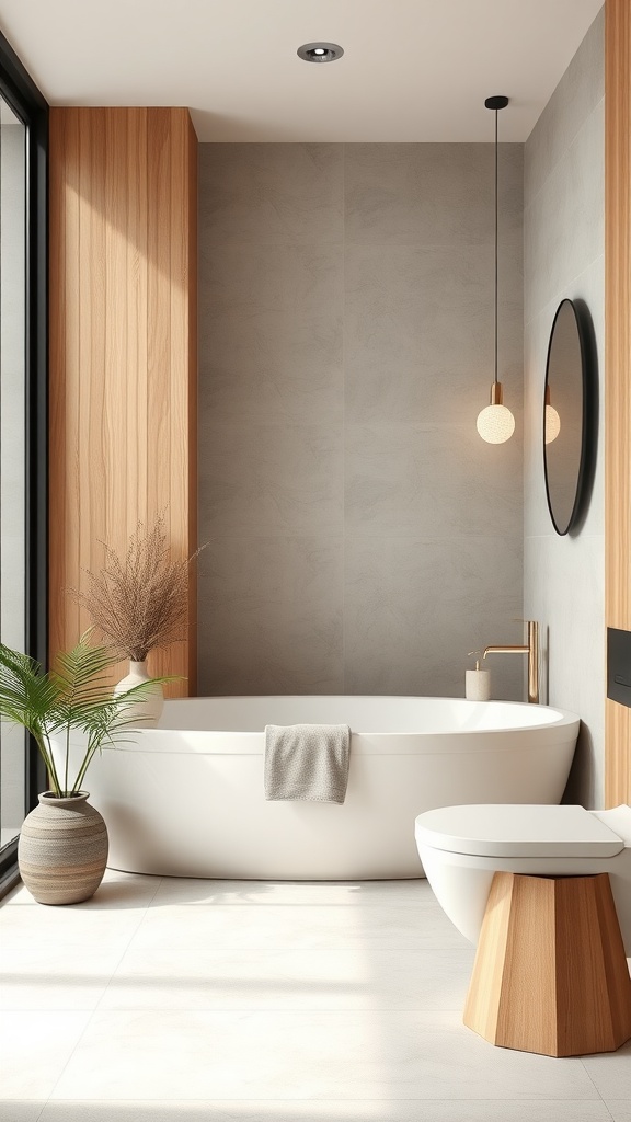 A minimalist bathroom featuring a freestanding bathtub, wooden accents, and a potted plant for a spa-like atmosphere.