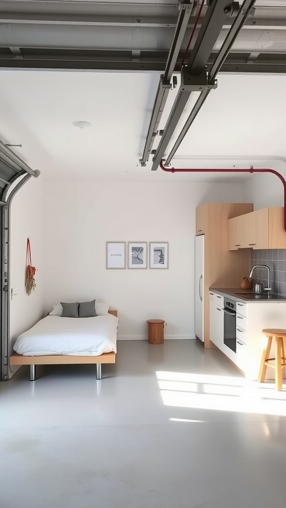 A minimalist studio apartment conversion from a garage, featuring a bed, kitchenette, and simple decor.
