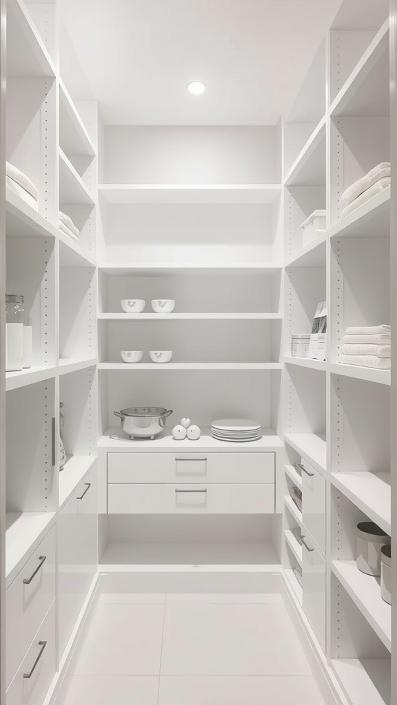 Minimalist white shelving in a pantry with neatly organized items