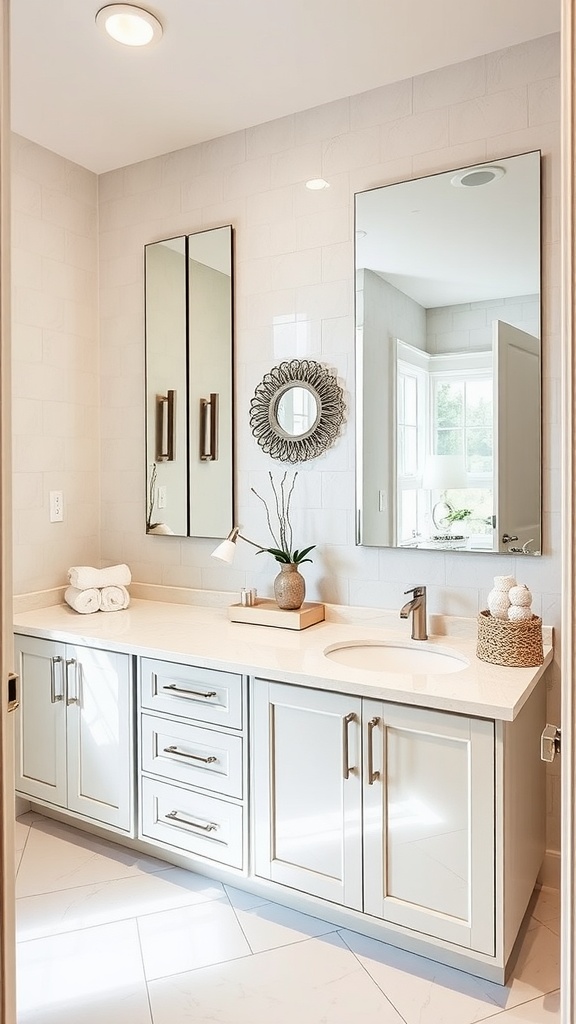 A contemporary bathroom featuring mirrored accents, showcasing a stylish vanity with two tall mirrors and a round decorative mirror.