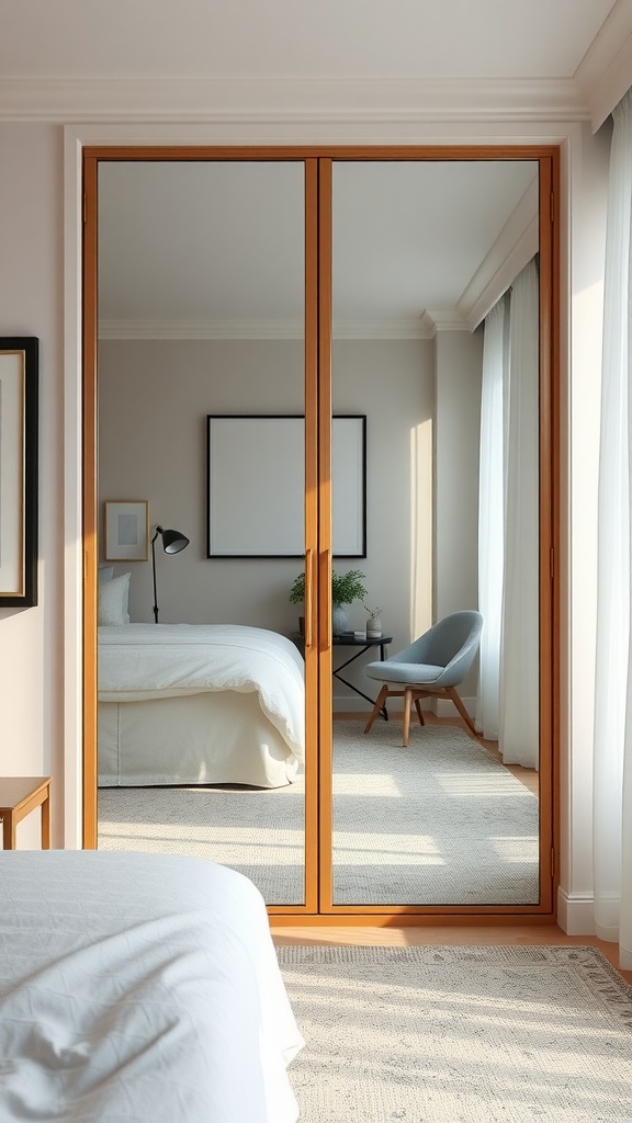A stylish bedroom closet with mirrored doors reflecting the room's decor