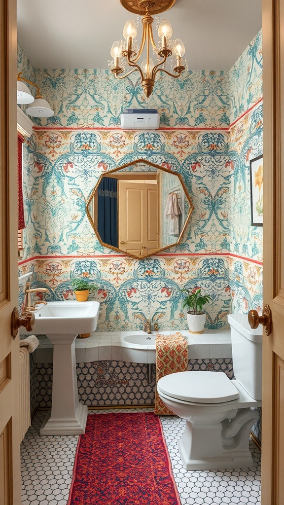 Colorful bathroom with patterned wallpaper and tiled floor