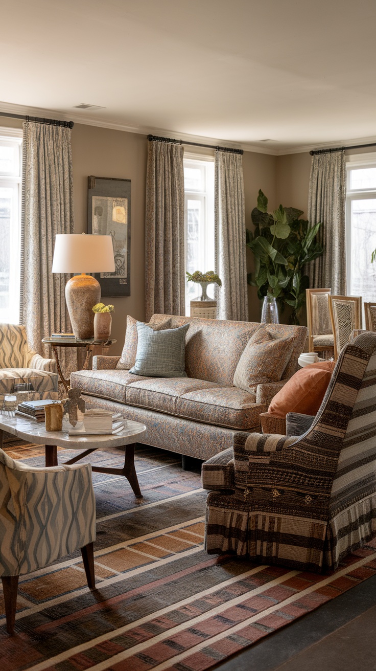 A cozy contemporary living room featuring a striped sofa, floral armchairs, a red area rug, and various artworks on the walls.