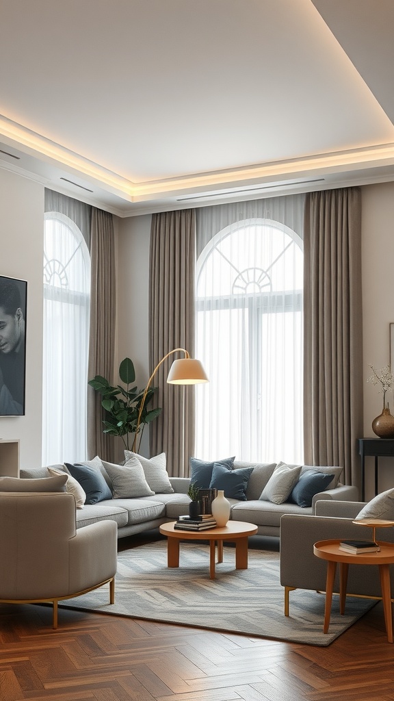 A modern living room featuring an arc floor lamp next to a sectional sofa, with large windows and stylish decor.