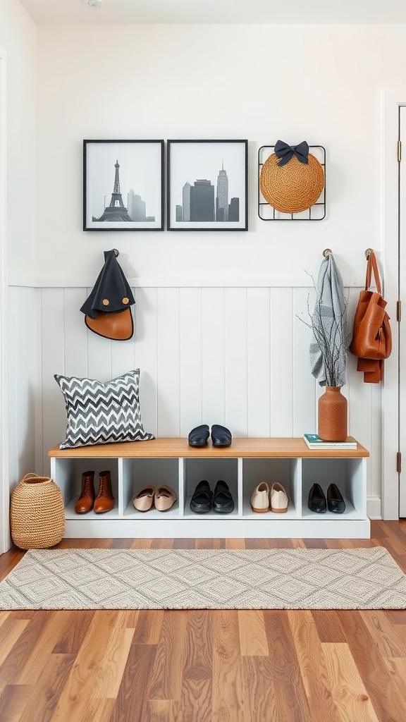 A modern entryway bench with built-in shelves, shoes organized below, stylish artwork above, and cozy decorative elements.