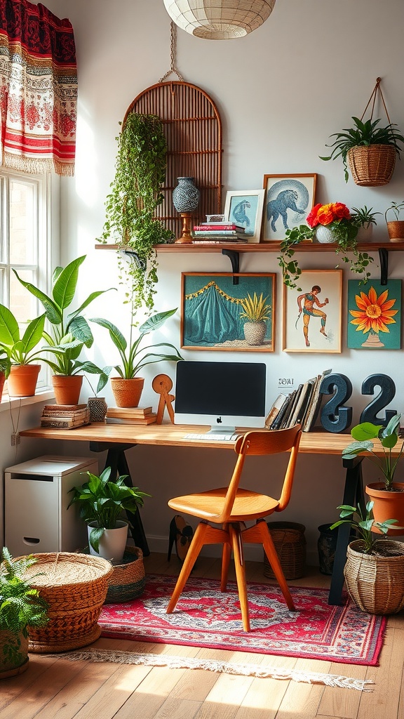 A vibrant modern bohemian home office with plants, artwork, and a wooden desk.