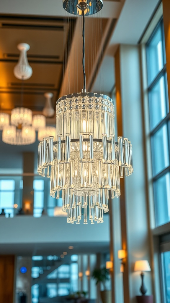 A modern crystal light fixture hanging from the ceiling in a bright space.