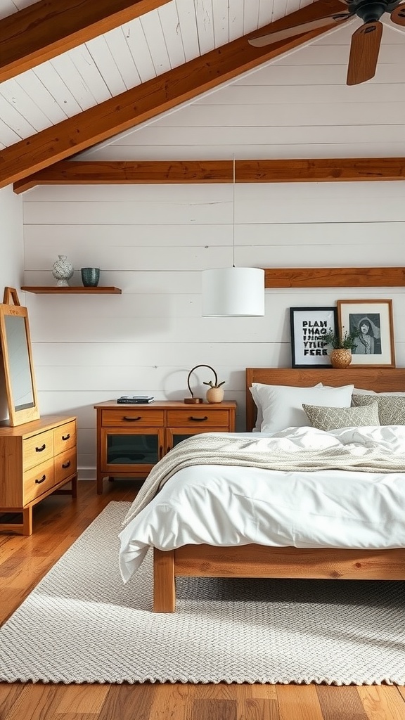 Cozy modern farmhouse bedroom with wooden furniture and soft textiles.