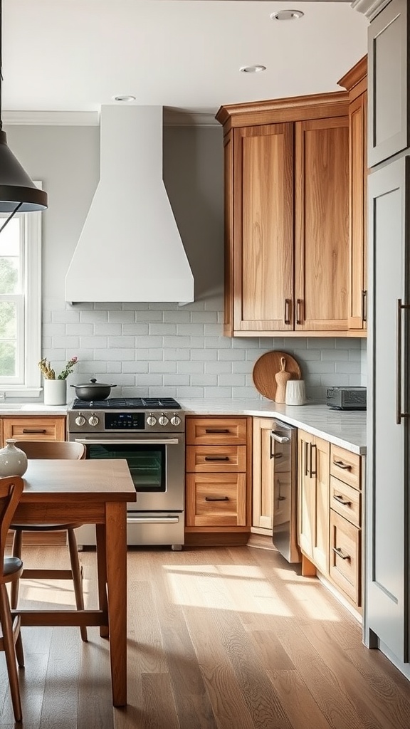 Modern farmhouse kitchen cabinets with honey-colored wood, sleek appliances, and light gray wall.