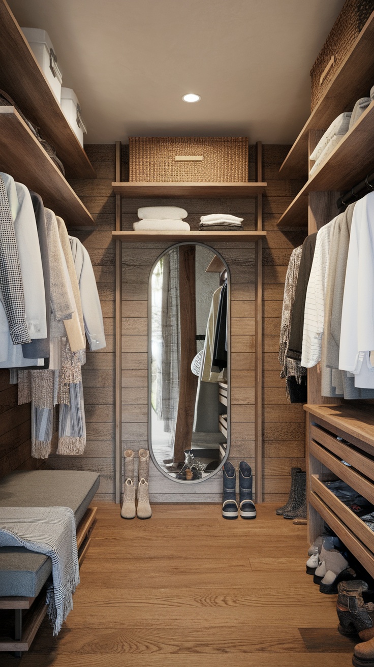 A modern farmhouse style walk-in closet featuring wooden shelves, clothing, and decorative storage baskets.