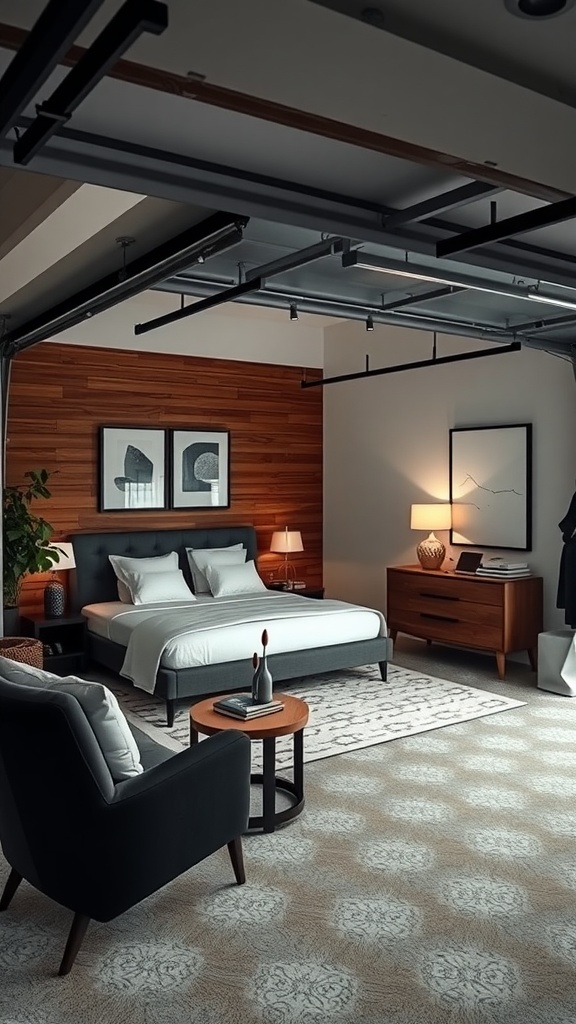 A modern guest suite converted from a garage featuring a bed, accent wall, armchair, and cozy decor.